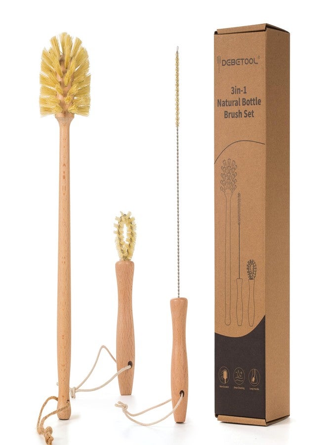 DEBETOOL Natural Bottle Brush Set 3-in-1-13.7 Inch Long Handle Wooden Bottle Brush for Cleaning, Water Bottle Cleaner Brush for Cups & Wide Mouth Jars - Image 1